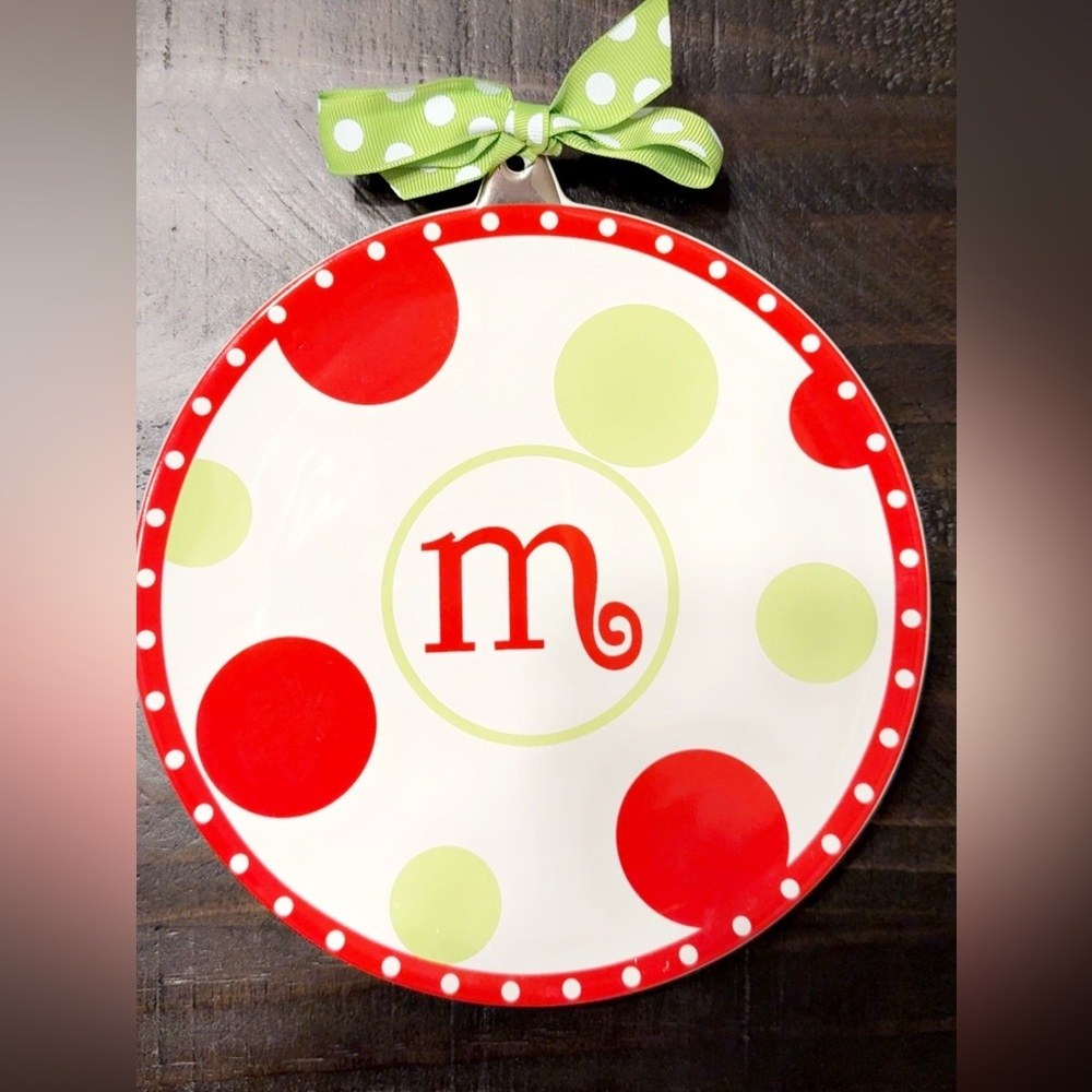 2pc Set Mud Pie Initial M Ceramic Cheese Plate Spreader Christmas Holiday Red